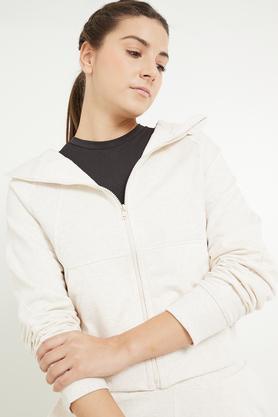solid hooded cotton women's casual wear sweatshirt - oatmeal