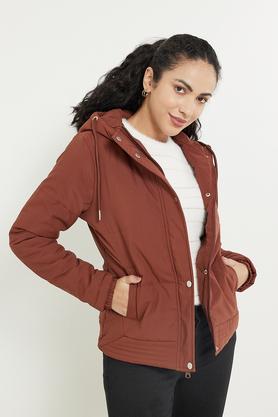 solid hooded polyester women's casual wear jacket - brown