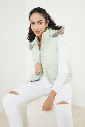 solid hooded polyester women's casual wear jacket - green