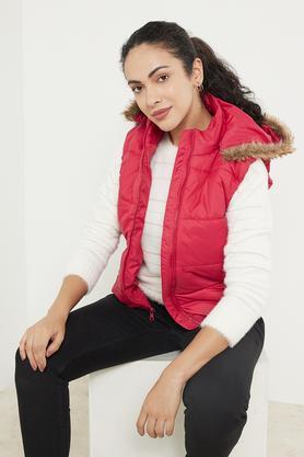 solid hooded polyester women's casual wear jacket - red