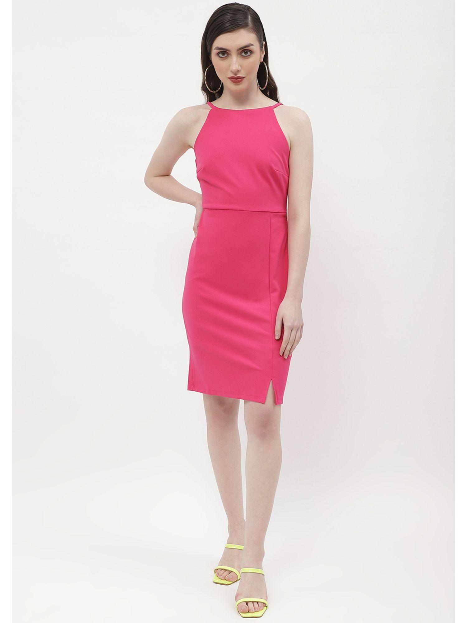 solid hot pink halter neck bodycon dress