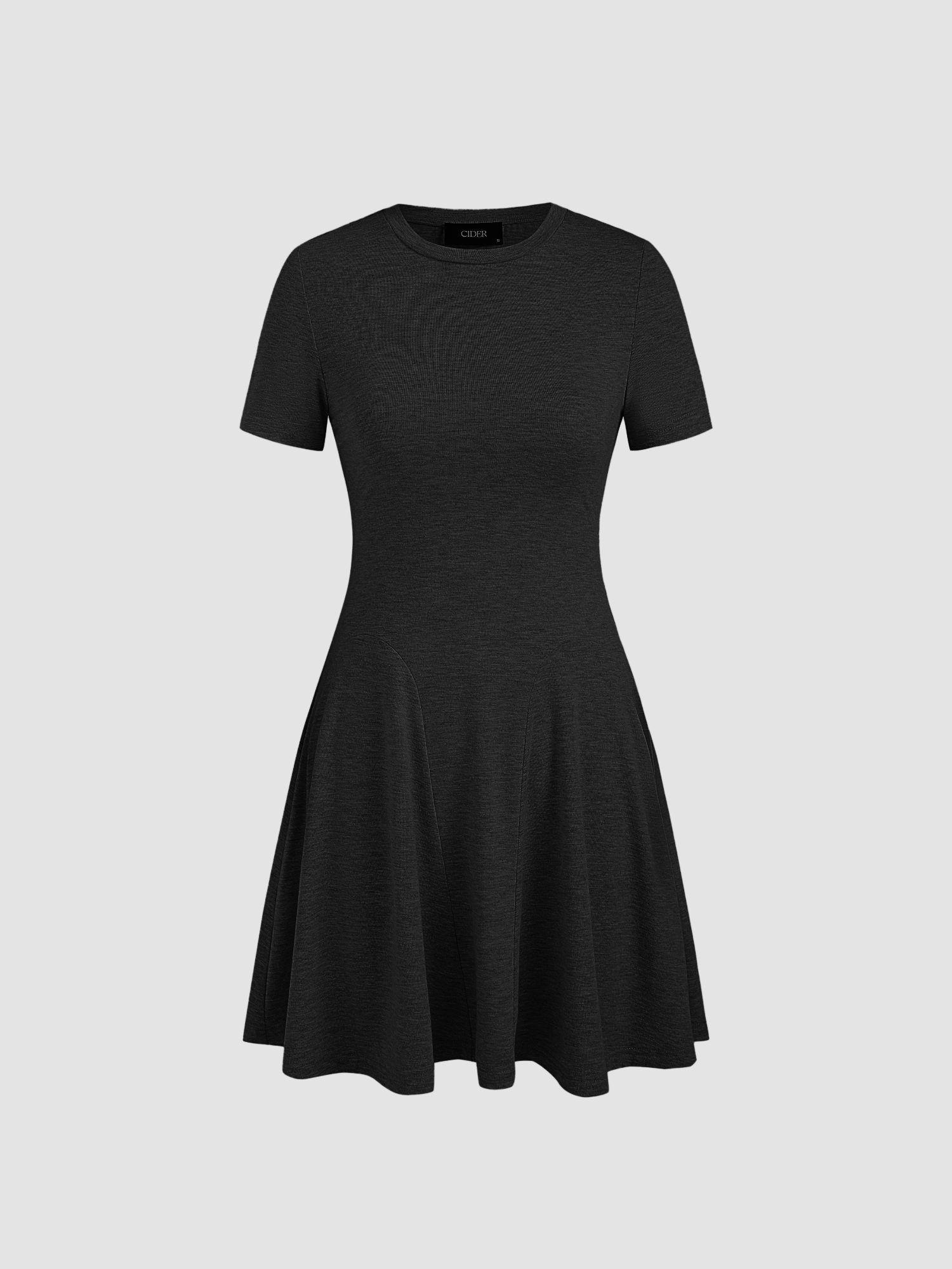 solid jersey round neckline ruffle mini dress