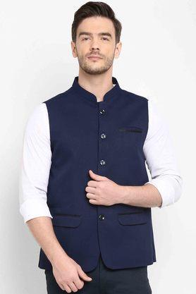 solid jute cotton regular fit men's occasion wear nehru jacket - navy
