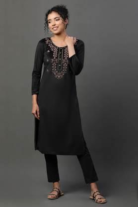 solid knee length polyester knitted women's kurta and pants set - black