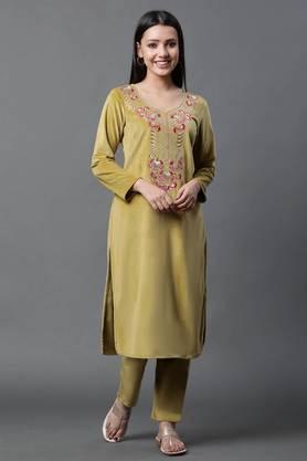 solid knee length polyester knitted women's kurta and pants set - green