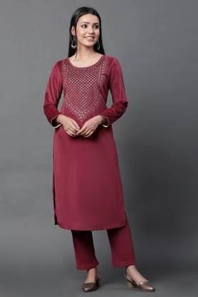 solid knee length polyester knitted women's kurta and pants set - red