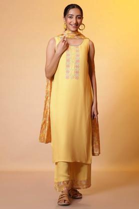 solid knee length viscose woven women's kurta set - yellow