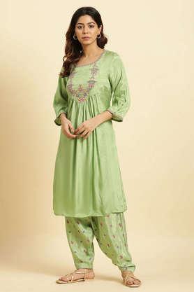 solid knee length viscose woven women's set - green