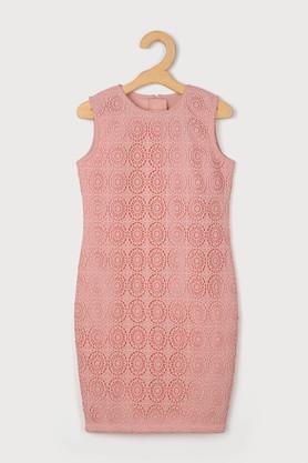 solid lace round neck girls casual wear dress - blush