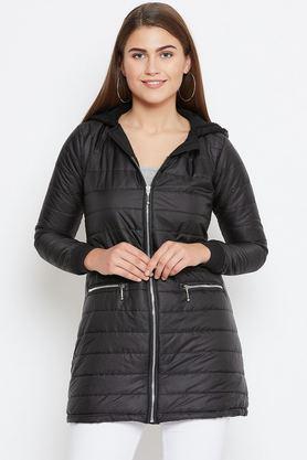 solid leather collared women's jacket - black