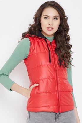 solid leather hooded women's jacket - red