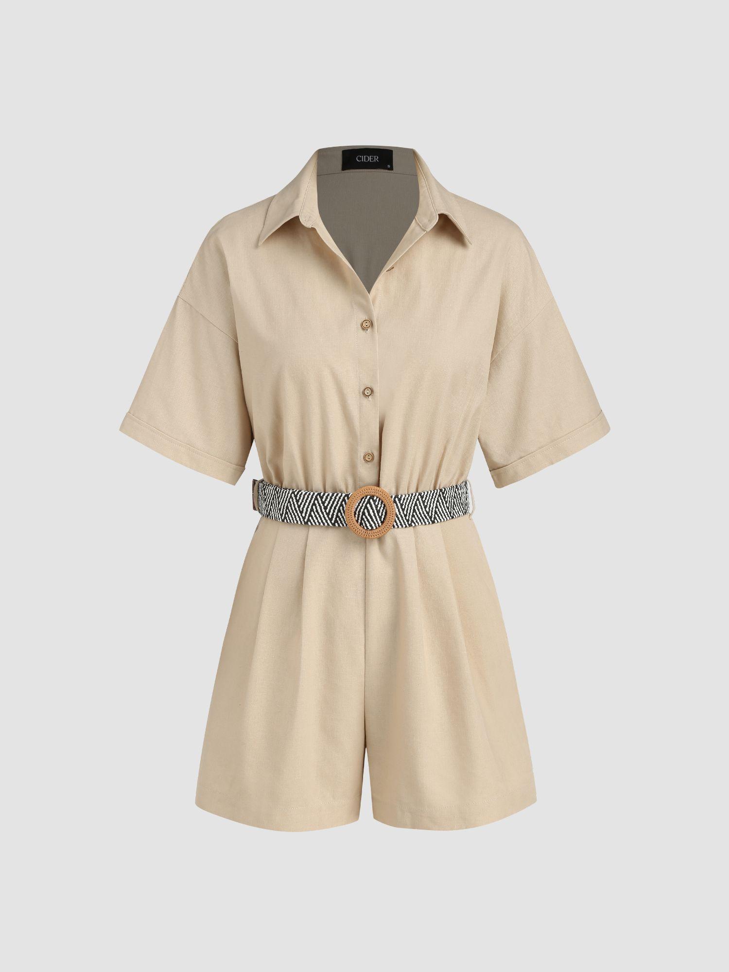 solid linen blend collar pleated romper with belt (set of 2)