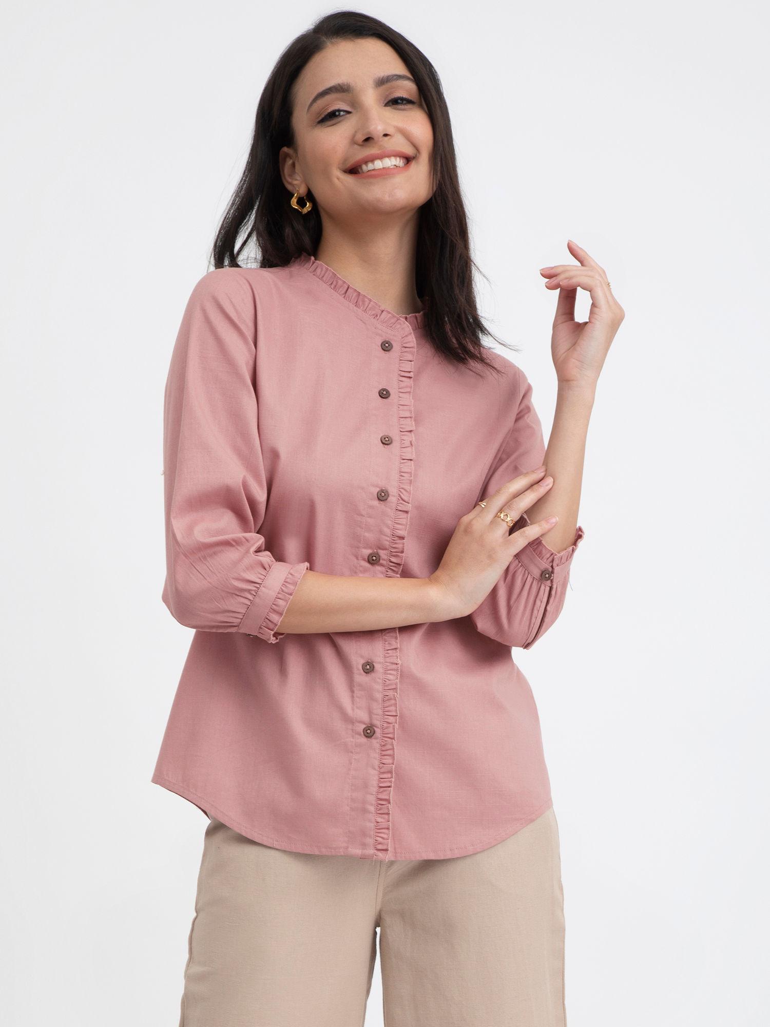 solid linen blend mandarin neck shirt- pink