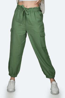 solid linen blend regular fit women's pants - green