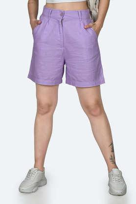 solid linen blend regular fit women's shorts - purple