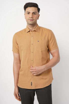 solid linen blend slim fit men's casual wear shirt with semi cut away collar - natural