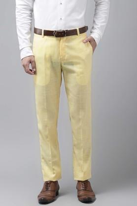 solid linen cotton blend regular fit men's casual trousers - yellow