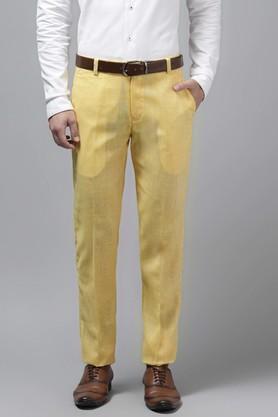 solid linen cotton blend regular fit mens casual trousers - yellow