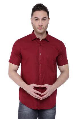 solid linen cotton blend tailored fit men's work wear shirt - maroon