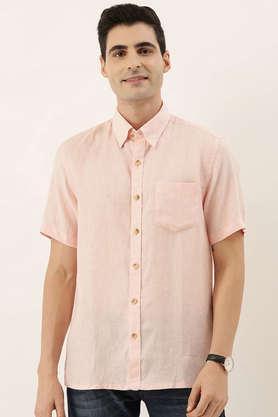 solid linen regular fit men's casual shirt - peach