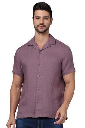 solid linen regular fit men's casual shirt - purple