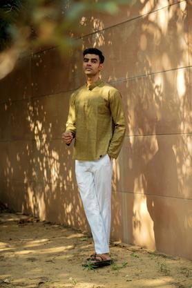 solid linen regular fit men's kurta - mustard