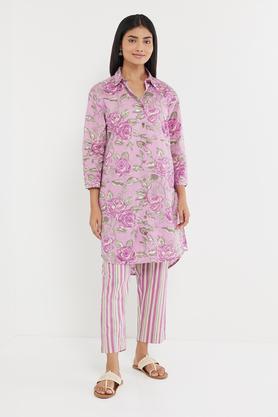 solid linen regular fit women's kurta set - lilac