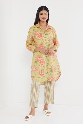 solid linen regular fit women's kurta set - yellow
