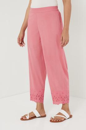 solid linen regular fit women's pants - pink