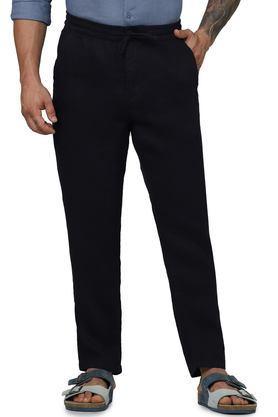 solid linen relaxed fit men's casual trousers - navy