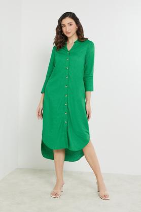 solid linen round neck women's midi dress - green