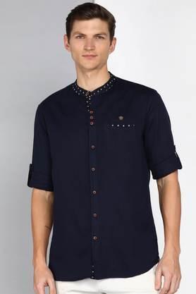 solid linen slim fit men's casual wear shirt - dk indigo
