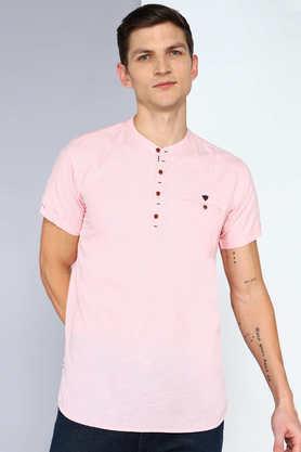 solid linen slim fit men's half sleeve short kurta - baby pink
