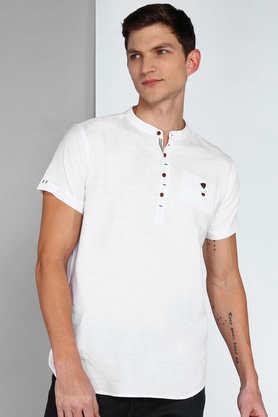 solid linen slim fit men's half sleeve short kurta - white