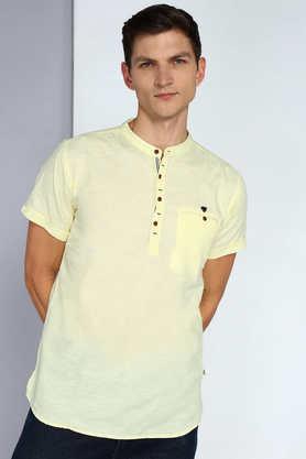 solid linen slim fit men's half sleeve short kurta - yellow