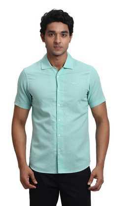 solid linen tailored fit men's casual wear shirt - green