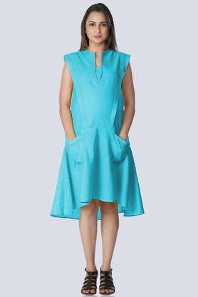 solid linen v neck women's knee length dress - blue