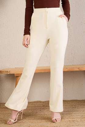 solid lycra regular fit women's trousers - cream