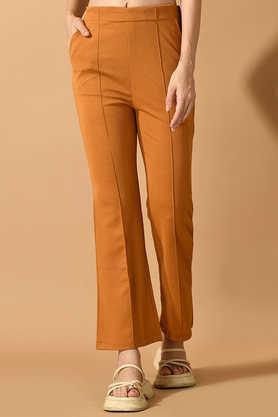 solid lycra relaxed fit women's trousers - mustard