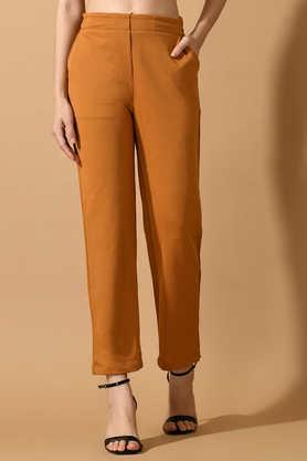 solid lycra straight fit women's trousers - mustard