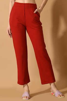 solid lycra straight fit women's trousers - red