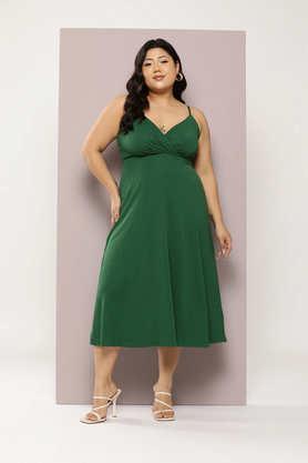 solid lycra v-neck women's midi dress - green
