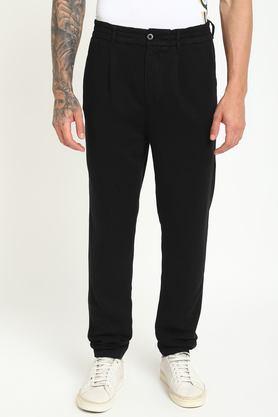 solid lyocell relaxed fit men's casual wear trousers - black