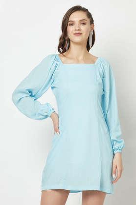 solid lyocell square neck women's mini dress - sky blue