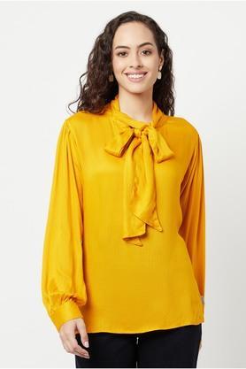 solid lyocell tie up neck womens top - mustard