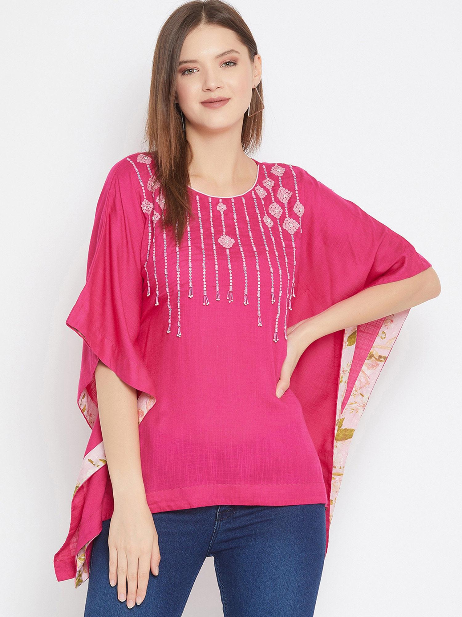 solid magenta kaftan top with hand embroidery