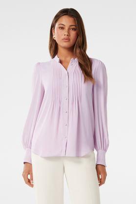 solid mandarin collar polyester women's formal wear shirt - purple