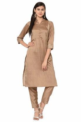 solid mandarin polyester women's ethnic set - brown