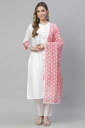 solid mandarin polyester women's salwar kurta and dupatta set - white