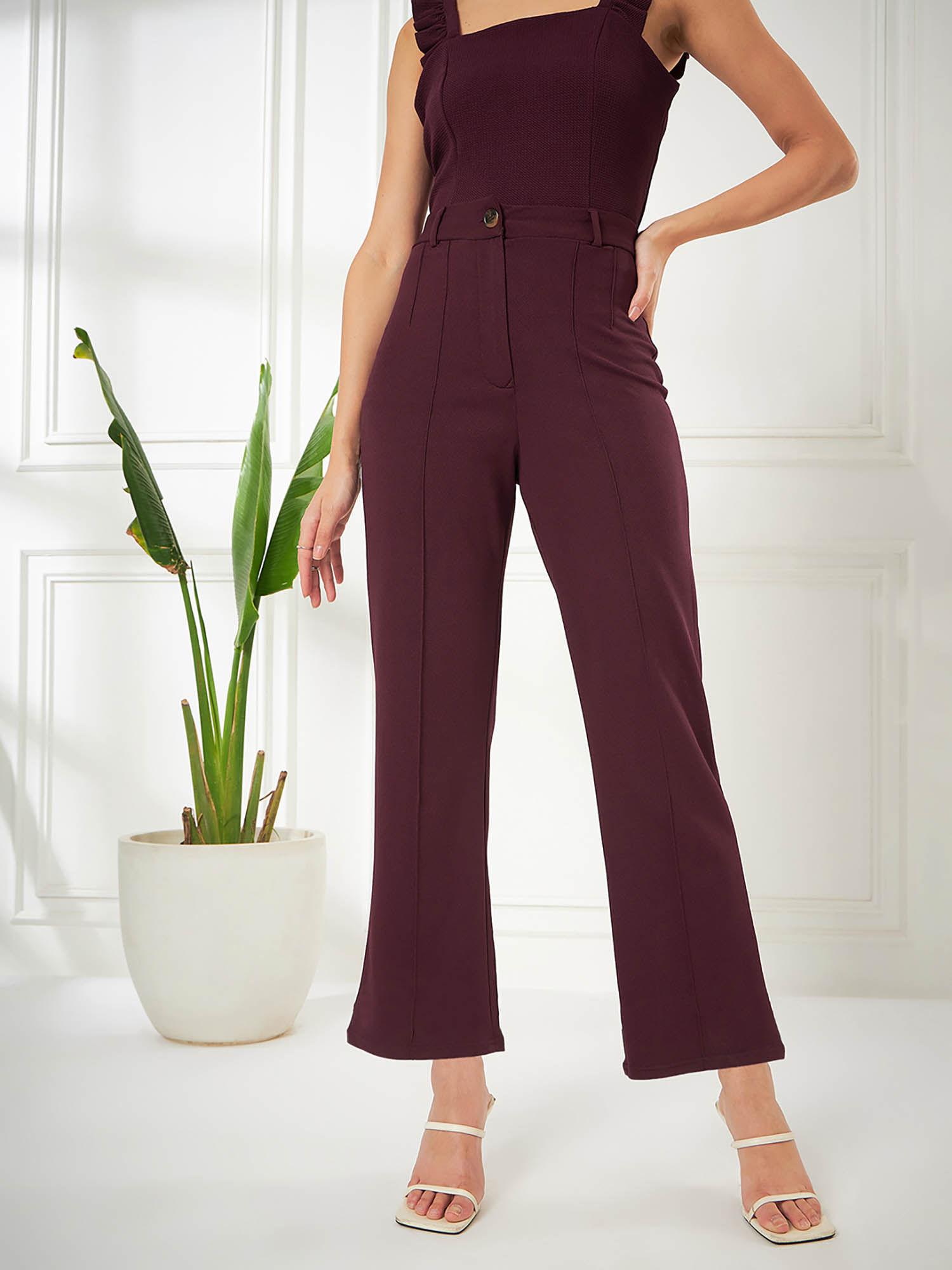 solid maroon straight fit high rise pants